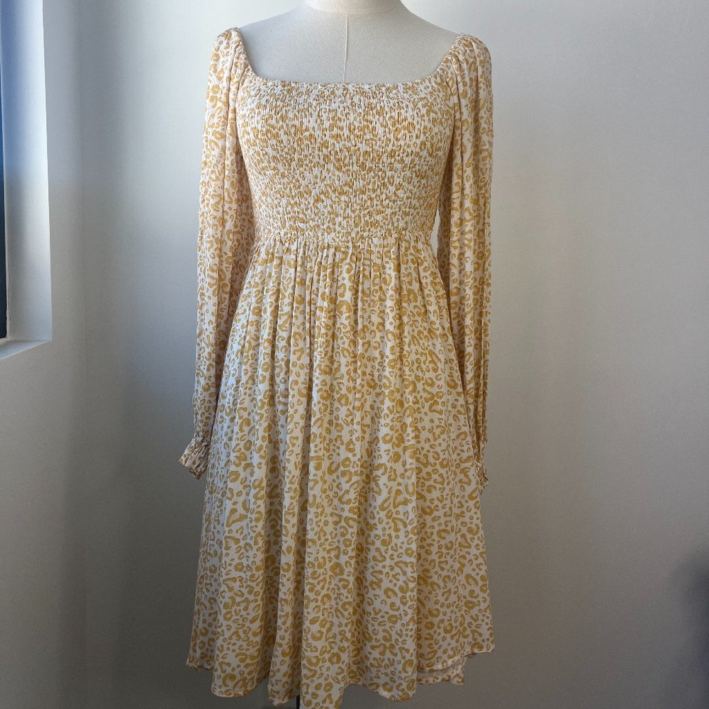 Yellow Smocked Cheetah Print Midi Dress